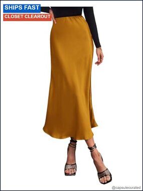 Satin Long Skirt High Waisted A-Line Ruffle Hem Midi Skirt